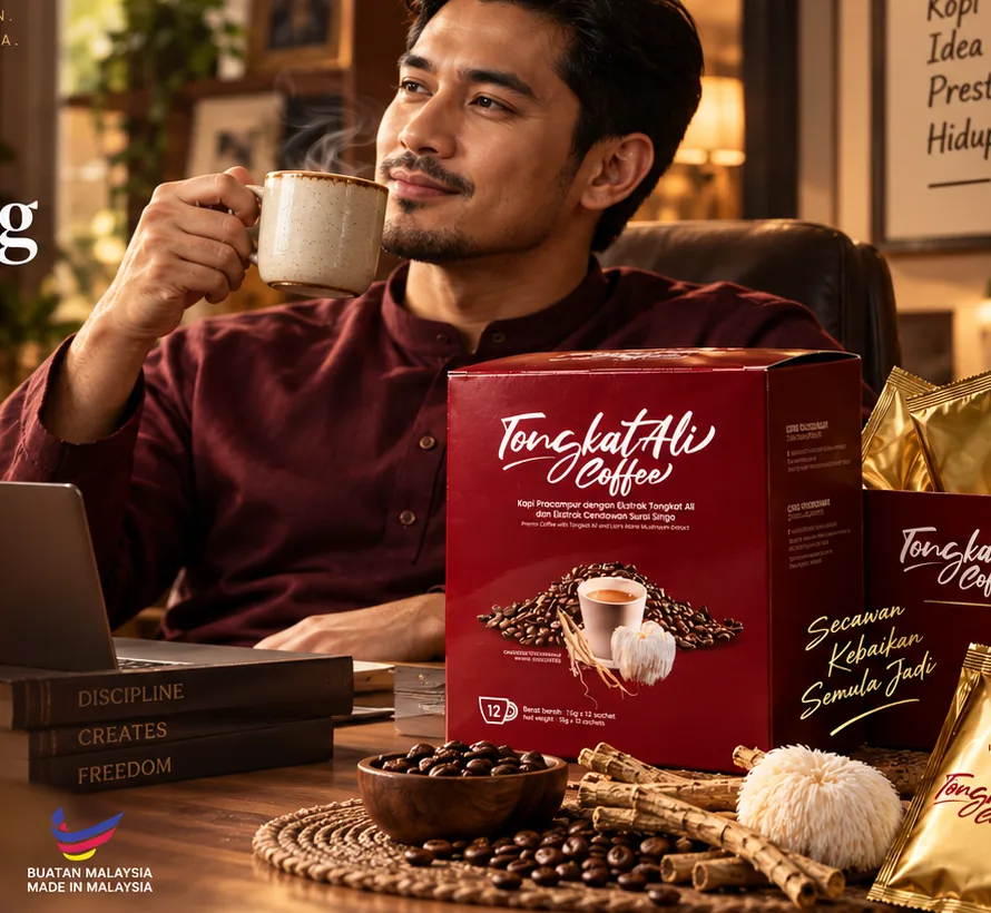 Lelaki menikmati Wajib Tongkat Ali Coffee di rumah