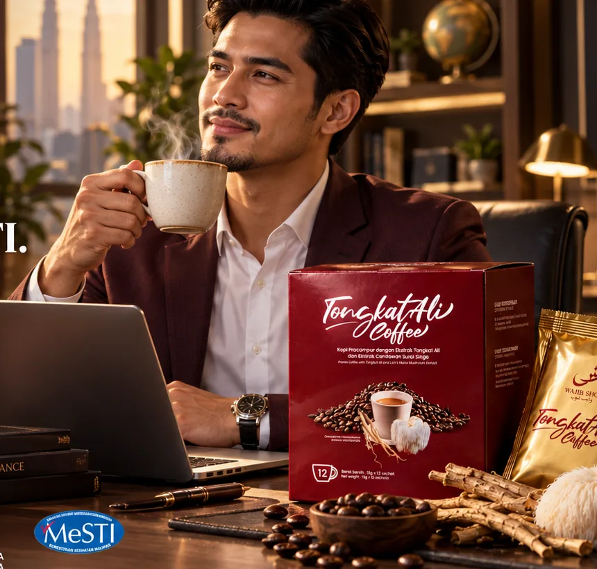 Lelaki menikmati Wajib Tongkat Ali Coffee di pejabat